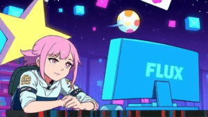 Aktuelle HR trends: Stella. Ein Anime-Charakter mit rosa Haaren sitzt vor einem Computerbildschirm mit der Aufschrift "FLUX". Der Hintergrund zeigt einen sternenklaren Nachthimmel mit geometrischen Formen und einem Planeten.