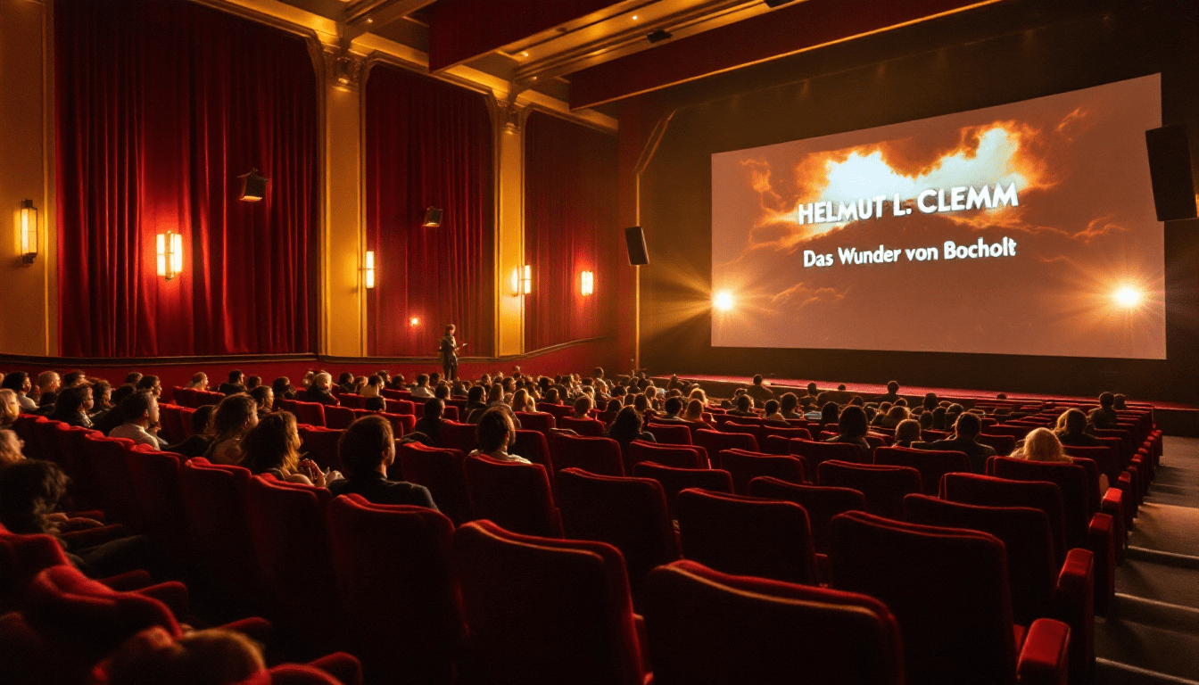 Das Bild zeigt ein Kino. Auf der Leinwand ist ein Filmtitel zu sehen: "Helmut L. Clemm – Das Wunder von Bocholt". Die Leinwand ist beleuchtet, vor ihr sitzen mehrere Zuschauer auf roten Sitzen. Die Wand hinter den Sitzen ist mit rotem Stoff bespannt. Das Bild ist stimmungsvoll und vermittelt die Atmosphäre eines Kinosaals.