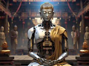 Das Bild zeigt einen androgyne Roboter, der aussieht wie eine buddhistische Figur, die in einer meditativen Haltung sitzt. Der Roboter ist teilweise aus Metall und hat einige technische Komponenten sichtbar, aber trägt dennoch traditionelle, goldene Gewänder wie ein buddhistischer Mönch. Im Hintergrund sind mehrere buddhistische Statuen zu erkennen, die ebenfalls in meditativen Posen dargestellt sind. Die Umgebung scheint ein Tempel oder ein religiöser Raum zu sein, der ruhig und spirituell wirkt.