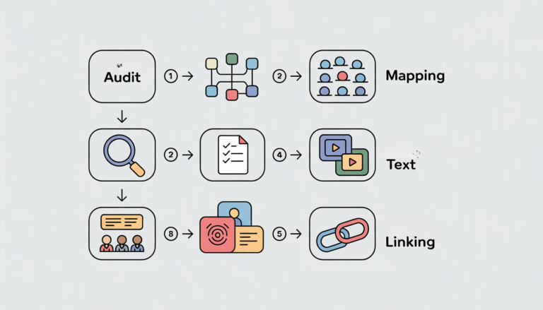 Workflow-Grafik: Audit, Mapping, Text und Linking als Schritte für Content-Optimierung.
