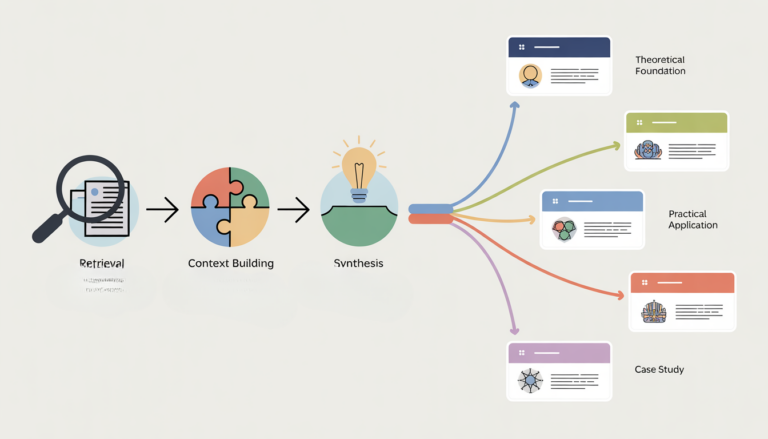 Prozessgrafik: Retrieval, Kontextaufbau und Synthese führen zu Praxisbeispielen und Case Studies.Schritte für Content-Optimierung.