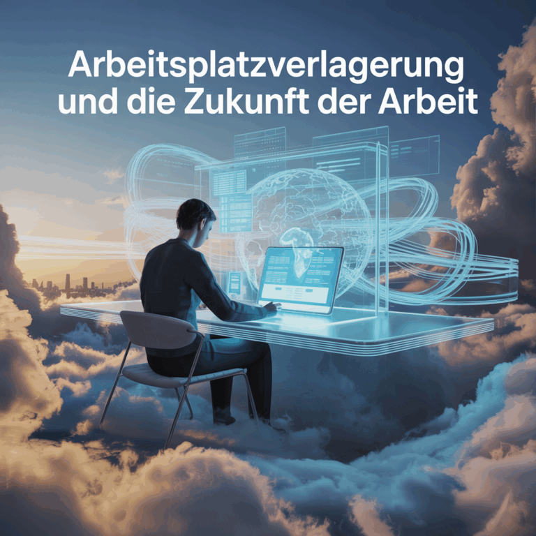 Künstliche Intelligenz in Deutschland: Ein Rück-und Überblick - 5 3 Das Bild zeigt eine Person, die an einem futuristischen Arbeitsplatz über den Wolken sitzt und an einem digitalen Computer arbeitet. Im Hintergrund sind virtuelle Grafiken und eine Weltkugel zu sehen. Der Text thematisiert Arbeitsplatzverlagerung und die Zukunft der Arbeit.