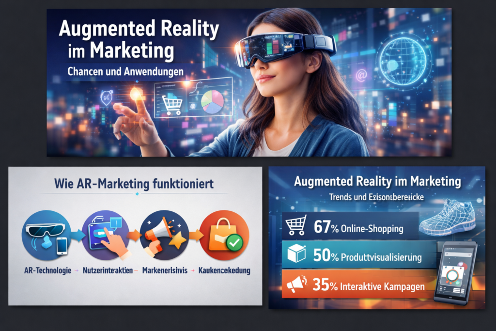 Hero-Banner zum Thema Augmented Reality im Marketing. Eine Frau nutzt eine AR-Brille und interagiert mit digitalen Marketingelementen wie Diagrammen, Shopping-Symbolen und virtuellen Datenanzeigen.