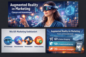 Hero-Banner zum Thema Augmented Reality im Marketing. Eine Frau nutzt eine AR-Brille und interagiert mit digitalen Marketingelementen wie Diagrammen, Shopping-Symbolen und virtuellen Datenanzeigen.