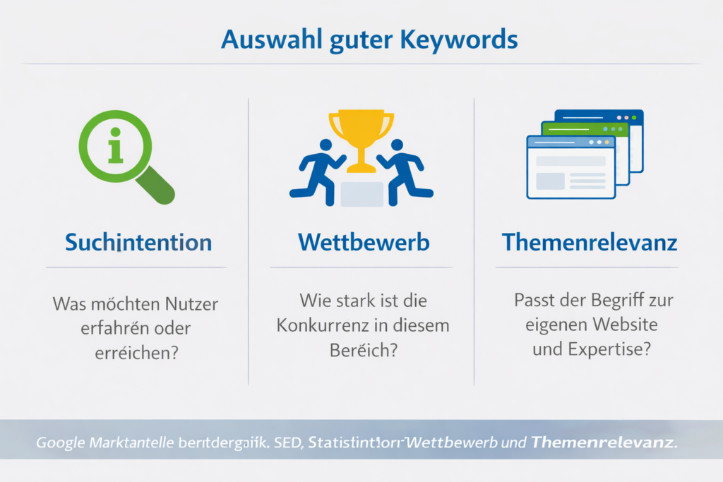 Erklärgrafik zur Auswahl guter Keywords mit den drei Prüfkriterien Suchintention, Wettbewerb und Themenrelevanz