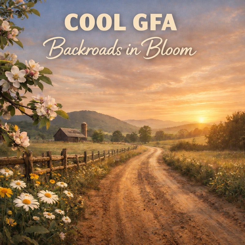Fotorealistisches Albumcover einer blühenden Landstraße bei Sonnenuntergang mit Obstblüten, Gänseblümchen und einer Farm im Hintergrund.