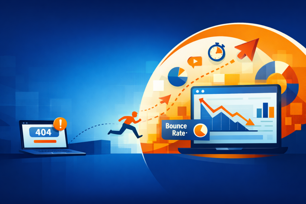 Illustration zum Thema Bounce Rate im Online-Marketing: Ein Webseitenbesucher springt von einer Seite mit Fehlerhinweis zu einer Analyseoberfläche mit Diagrammen und Statistiken. Visualisiert werden Absprungraten und Nutzeranalyse im blau-orangefarbenen Design.