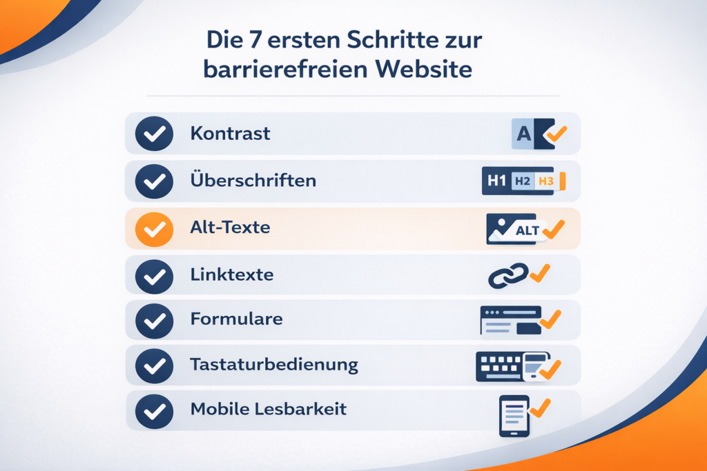 Checklisten-Grafik zur barrierefreien Website mit sieben ersten Schritten für bessere Zugänglichkeit und Nutzerfreundlichkeit.