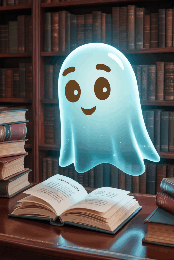 Die besten KI-Stimmen -5.0 2 Das Bild zeigt einen süßen weißen Geist, der über einem geöffneten Buch schwebt, das auf einem dunkelbraunen Holztisch in einer Bibliothek liegt. Der Geist hat ein großes Lächeln, schwarze Augenbrauen sowie Augen und Mund, die in Gelb umrandet sind, und zwei kleine runde gelbe Hörner. Ringsum sind Bücherregale mit zahlreichen Büchern und Tischlampen.
