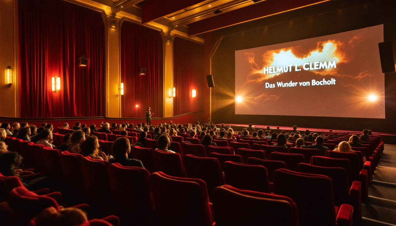 Das Bild zeigt ein Kino. Auf der Leinwand ist ein Filmtitel zu sehen: "Helmut L. Clemm – Das Wunder von Bocholt". Die Leinwand ist beleuchtet, vor ihr sitzen mehrere Zuschauer auf roten Sitzen. Die Wand hinter den Sitzen ist mit rotem Stoff bespannt. Das Bild ist stimmungsvoll und vermittelt die Atmosphäre eines Kinosaals.