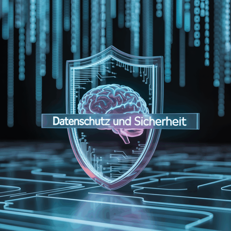 Künstliche Intelligenz in Deutschland: Ein Rück-und Überblick - 5 2 Das Bild zeigt ein digitales Schild mit einem Gehirn darin und dem Schriftzug "Datenschutz und Sicherheit". Im Hintergrund sind abstrakte, digitale Datenströme zu sehen. Das Bild symbolisiert den Schutz von Daten und Informationen im digitalen Zeitalter.