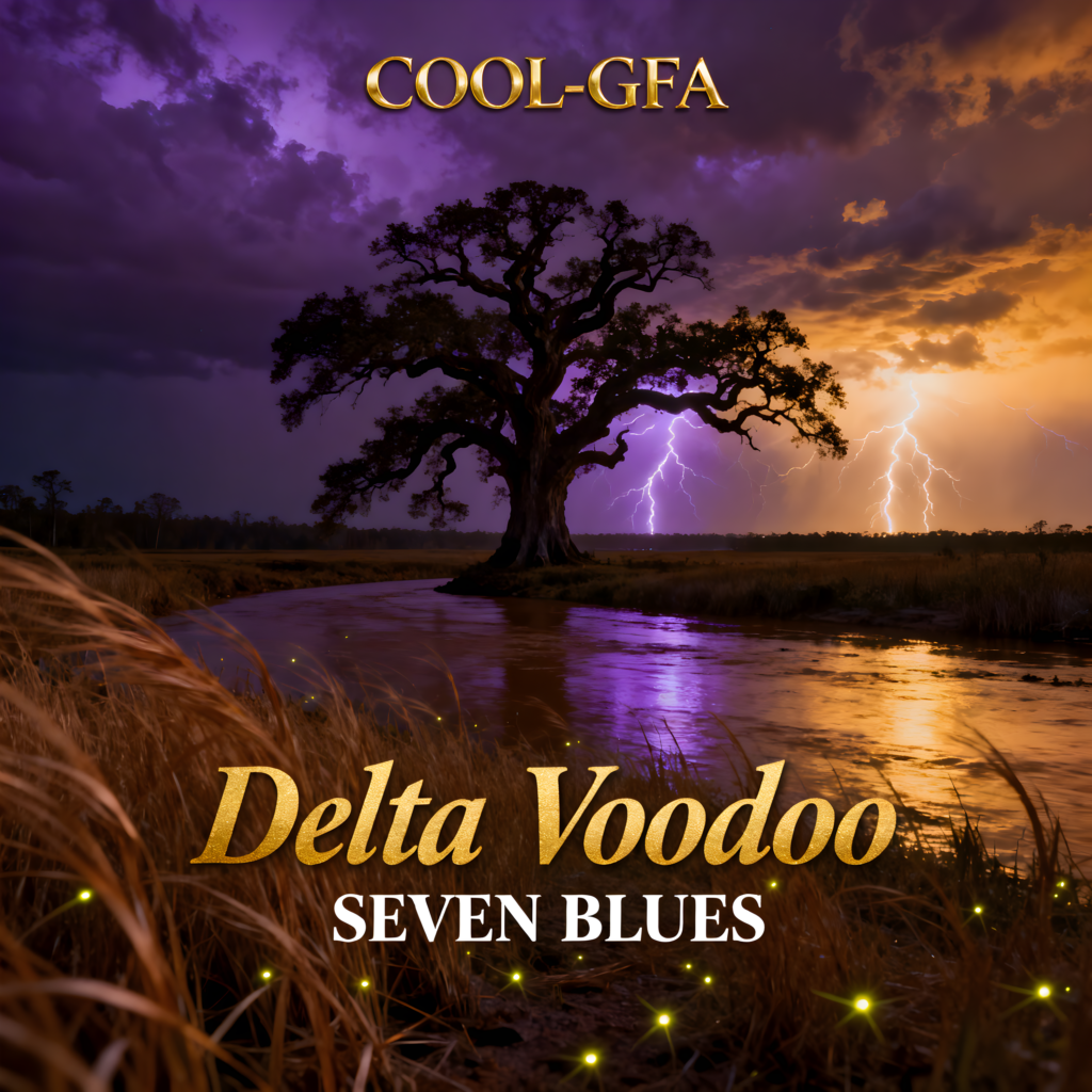 Album-Cover Delta Voodoo von Cool-GFA: Nächtliche Mississippi-Delta-Landschaft mit violettem Gewitterhimmel, einer alten Eiche im Blitzlicht und goldenem Schriftzug.