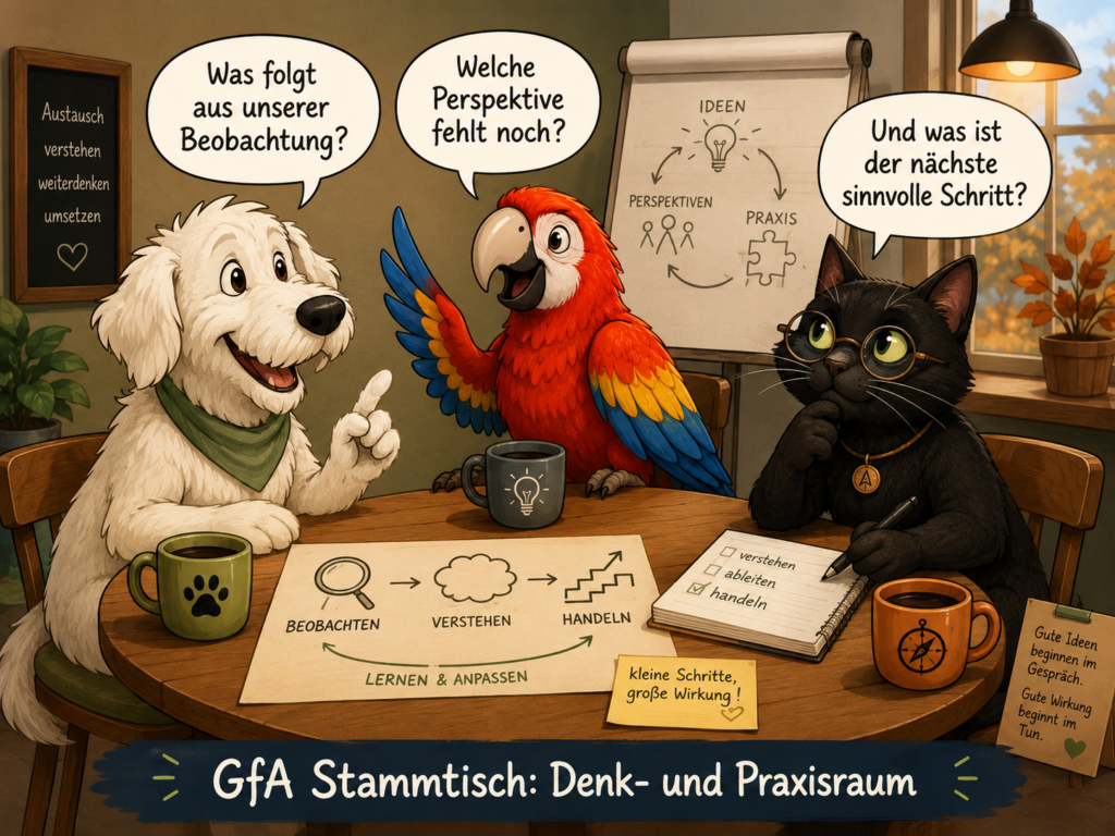„Cartoon zum GfA Stammtisch Denk- und Praxisraum: Ein weißer Hund, ein roter Papagei und eine schwarze Katze sitzen an einem runden Tisch im Gespräch. In Sprechblasen stehen Fragen zu Beobachtung, Perspektiven und nächsten Schritten. Auf dem Tisch und im Hintergrund sind Skizzen zu Ideen, Praxis und Handeln zu sehen.“