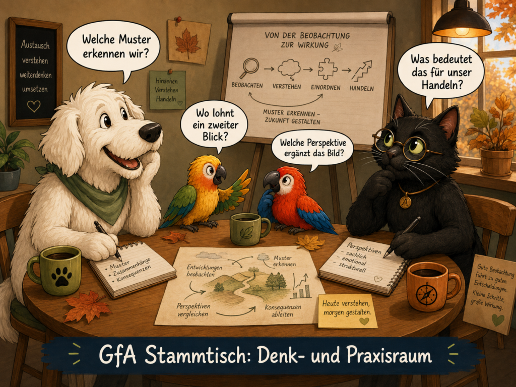 „Cartoon zum GfA Stammtisch Denk- und Praxisraum: Ein weißer Hund, zwei kleine Papageien und eine schwarze Katze sitzen an einem Tisch und diskutieren über Muster, Perspektiven und Konsequenzen für das eigene Handeln. Im Hintergrund zeigt ein Flipchart den Weg vom Beobachten über Verstehen und Einordnen zum Handeln.“