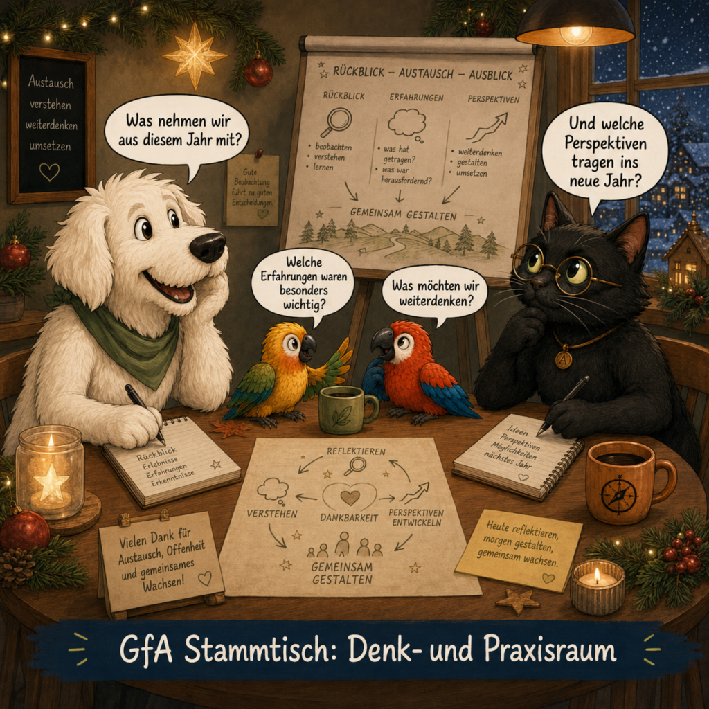 „Weihnachtlicher Cartoon zum GfA Stammtisch Denk- und Praxisraum: Ein weißer Hund, zwei kleine Papageien und eine schwarze Katze sitzen in festlicher Atmosphäre an einem Tisch und sprechen über Rückblick, Erfahrungen und Perspektiven für das neue Jahr. Im Hintergrund zeigt ein Flipchart die Schritte Rückblick, Austausch und Ausblick.“