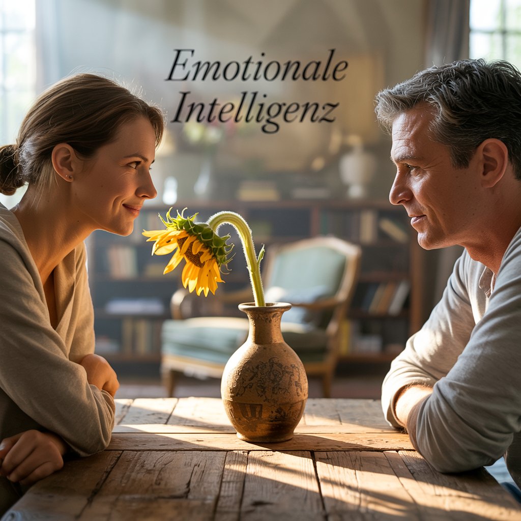 KI als Symbiose statt Substitution - 3 - 3 Ein Paar sitzt sich an einem Holztisch gegenüber, schaut sich liebevoll an, dazwischen eine Vase mit einer hängenden Sonnenblume. Text-Overlay: "Emotionale Intelligenz".