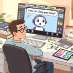 Arbeitsplatz mit Bildschirm „Chatbot A/B/C