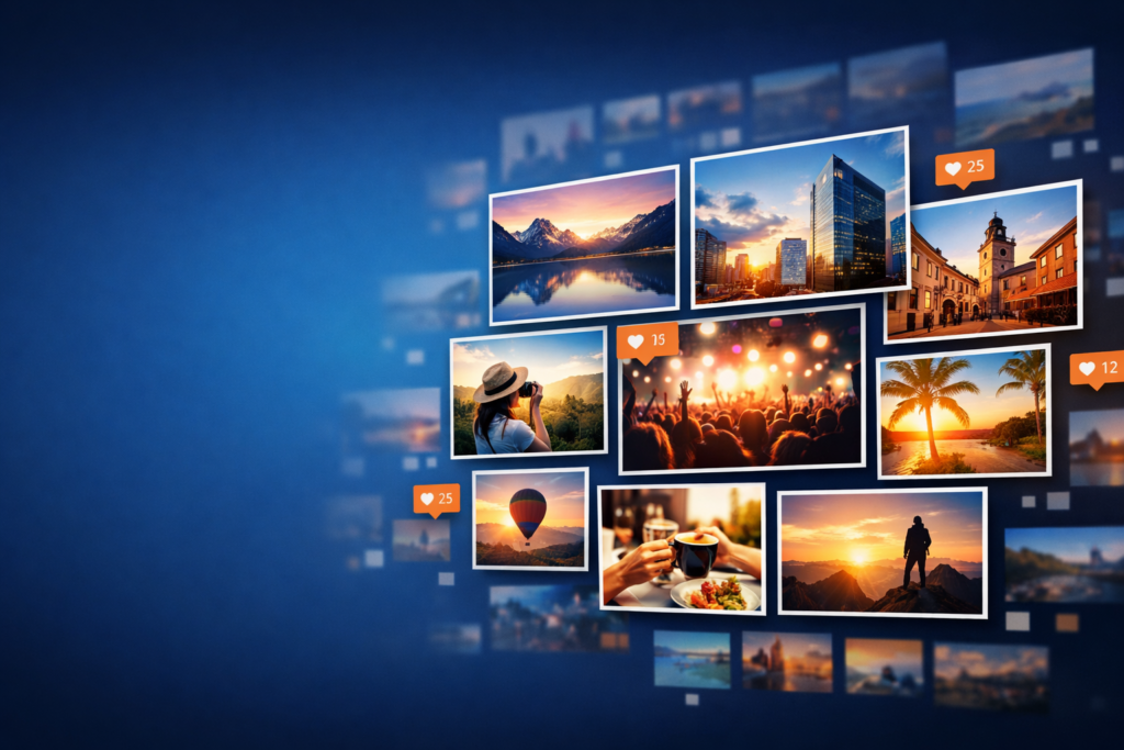 Stilisiertes Hero-Banner mit digitaler Fotogalerie und mehreren Bildkacheln als Symbol für Flickr, Foto-Community, Bildarchive und visuelles Marketing.