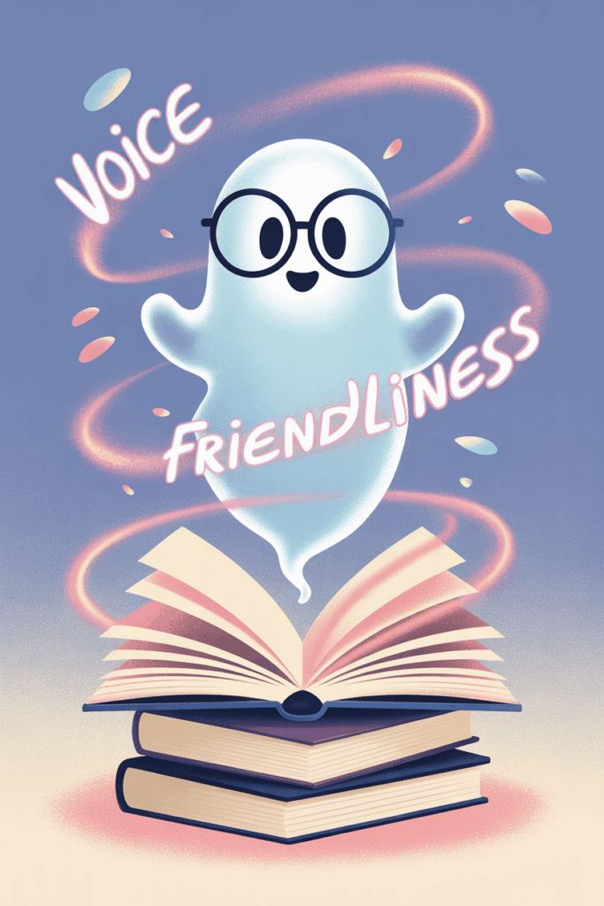 Die besten KI-Stimmen -5.0 1 Dieses farbenfrohe Bild zeigt einen niedlichen Geist mit Brille, der über einem offenen Buch schwebt. Der Geist strahlt Freundlichkeit aus, was durch die Worte "Voice" und "Friendliness" in der Nähe des Geistes betont wird. Das Bild hat einen sanften, pastelligen Hintergrund mit abstrakten Linien und kleinen bunten Kreisen, die dem Ganzen einen spielerischen und magischen Touch verleihen.