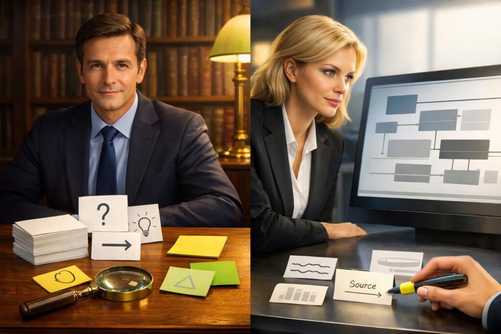 Split-Screen: links klassische Recherche am Schreibtisch, rechts digitale Analyse mit Diagramm und Quellenhinweis.