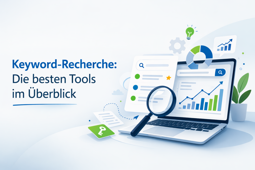 Hero-Banner zum Thema Keyword-Recherche mit Laptop, Lupe, Suchleiste und Analysegrafiken in modernem GfA-Stil