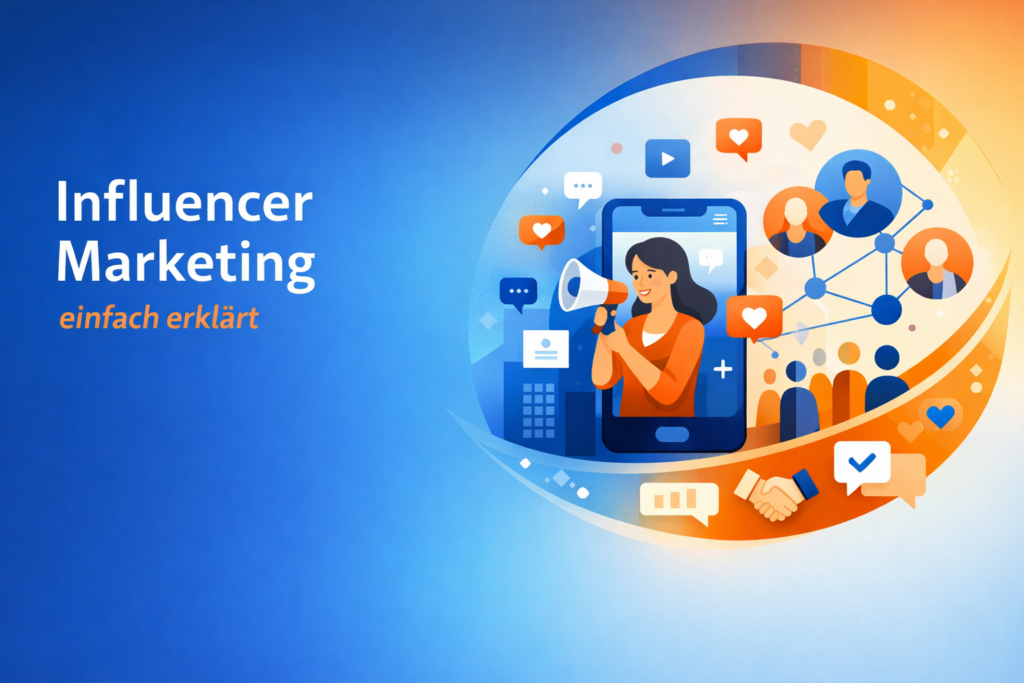 Hero-Banner zu Influencer Marketing mit blauem Hintergrund, links Titelbereich und rechts halbkreisförmiger Social-Media-Illustration in Blau und Orange.