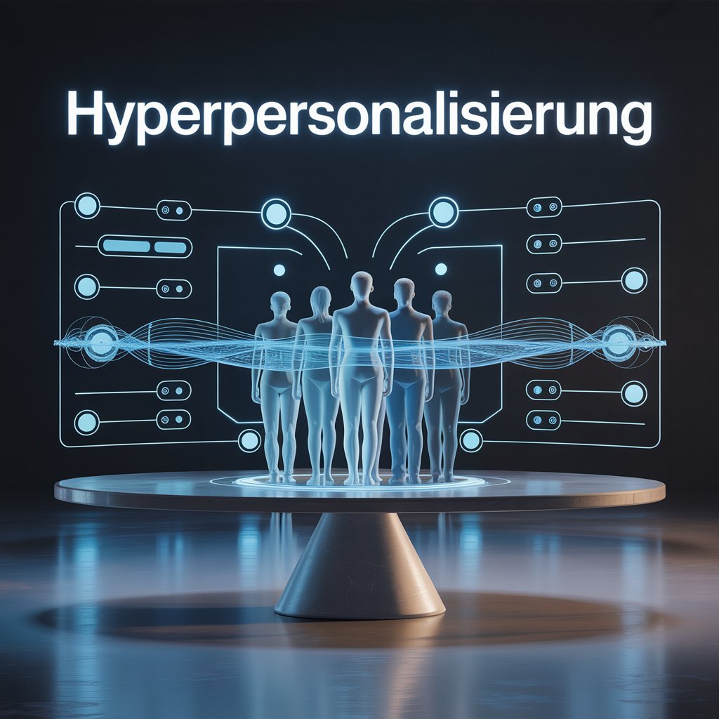 KI als Symbiose statt Substitution -5- 1 Mehrere transparente, menschliche Figuren stehen auf einer futuristischen Plattform mit digitalen, personalisierten Datenströmen im Hintergrund. Oben steht das Wort "Hyperpersonalisierung".