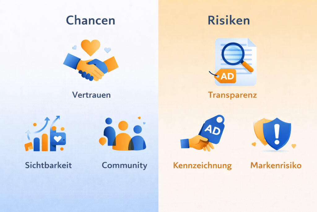 Infografik zu Chancen und Risiken im Influencer Marketing mit den Themen Vertrauen, Sichtbarkeit, Community sowie Transparenz, Kennzeichnung und Markenrisiko.