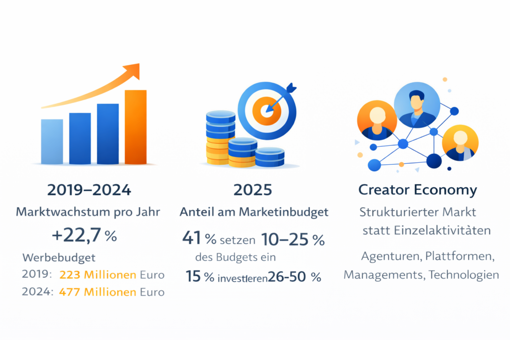 Statistikgrafik zum Influencer Marketing in Deutschland mit Marktwachstum, Budgetanteilen und Creator-Economy-Entwicklung in Blau und Orange.