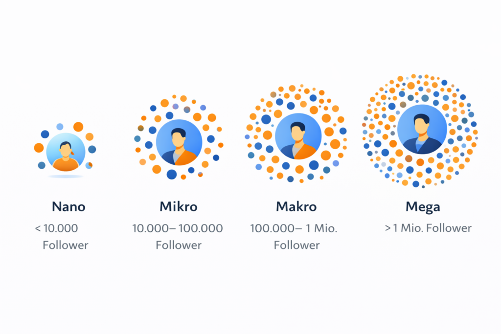 Infografik zu Influencer-Typen mit den Stufen Nano, Micro, Macro und Mega in blau-oranger Gestaltung.