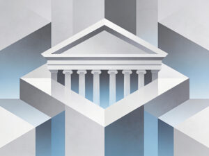 Grafisches Symbol eines klassischen Gebäudes mit Säulen in kühlem Blau-Grau.