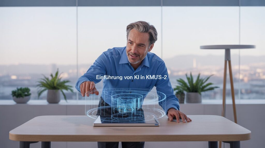 Einführung von KI in KMU - 2 1 Ein mittelalter Mann mit grau meliertem Haar und einem blauen Hemd lächelt, während er auf eine holografische Projektion blickt und mit ihr interagiert, die von einem Tablet auf einem hellen Holztisch ausgeht. Die blau leuchtende Projektion stellt eine komplexe, kreisförmige Struktur dar. Im Hintergrund sind große Fenster mit einer weitläufigen Stadtansicht und Bergen zu sehen. Auf einer Ablage stehen Topfpflanzen. Eine Texteinblendung im Bild lautet: "Einführung von KI in KMU'S-2".
