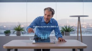 Ein mittelalter Mann mit grau meliertem Haar und einem blauen Hemd lächelt, während er auf eine holografische Projektion blickt und mit ihr interagiert, die von einem Tablet auf einem hellen Holztisch ausgeht. Die blau leuchtende Projektion stellt eine komplexe, kreisförmige Struktur dar. Im Hintergrund sind große Fenster mit einer weitläufigen Stadtansicht und Bergen zu sehen. Auf einer Ablage stehen Topfpflanzen. Eine Texteinblendung im Bild lautet: "Einführung von KI in KMU'S-2".