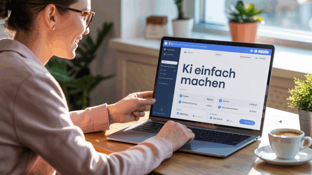 Einführung von KI in KMU - 1 1 Eine lächelnde Frau mit Brille sitzt an einem sonnigen Tisch und arbeitet an einem Laptop. Sie tippt auf der Tastatur und berührt den Bildschirm, auf dem der Text "Ki einfach machen" und eine blaue Benutzeroberfläche zu sehen sind. Im Hintergrund stehen Pflanzen und eine Tasse Kaffee.