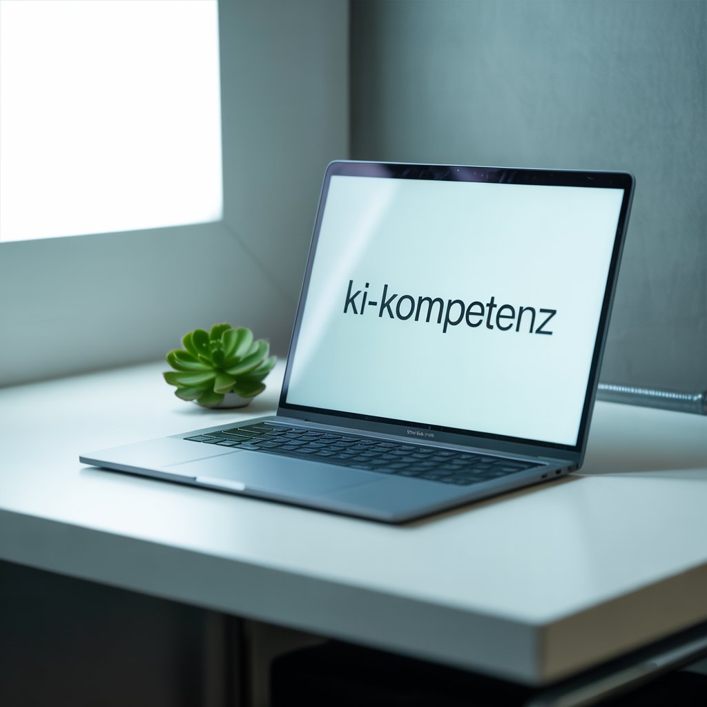 KI als Symbiose statt Substitution - 3 - 1 Ein Laptop auf einem Schreibtisch zeigt den Schriftzug "ki-kompetenz" auf seinem hellen Bildschirm. Daneben steht eine kleine grüne Pflanze.