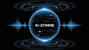 Startseite 30 KI-Stimme: Eine digitale Kugel mit leuchtenden blauen Schaltkreislinien in futuristischem Design schwebt vor schwarzem Hintergrund. In der Mitte der Kugel steht groß „KI-STIMME“. Dahinter ist eine große blaue Schallwelle sichtbar, oben und unten kreisförmige grafische Elemente, die an Daten oder Schall erinnern