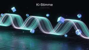 Startseite 26 die besten KI-Stimmen -4.1. KI-Visualisierung einer digitalen Tonwelle in leuchtenden türkisen und violetten Farben, die über eine abstrakte elektronische Oberfläche verläuft. Im Vordergrund und Hintergrund schweben mehrere blaue Würfel und geometrische Formen. Oben steht der Schriftzug „KI-Stimme“ auf dunklem Hintergrund. Die Szene vermittelt einen futuristischen, technologischen Eindruck.