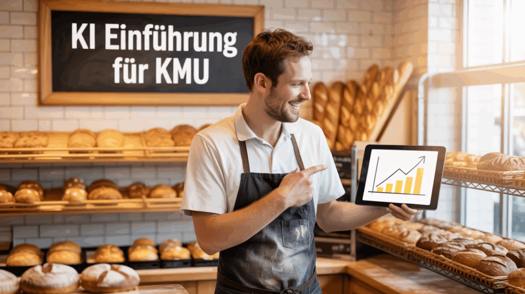 Ein freundlicher Bäcker in einer hellen Bäckerei steht hinter dem Tresen. Er trägt eine weiße Schürze und hält ein Tablet in der Hand. Auf dem Bildschirm des Tablets ist ein gelbes Balkendiagramm zu sehen, das nach oben wächst und Erfolg symbolisiert. Der Bäcker lächelt und zeigt mit dem Finger auf das Diagramm. Im Hintergrund hängt ein schwarzes Schild mit der weißen Aufschrift: "KI Einführung für KMU". Die Regale sind voller frischer Brote, Brötchen und Baguettes. Das Bild vermittelt den Nutzen von Künstlicher Intelligenz (KI) für kleine und mittlere Unternehmen (KMU).