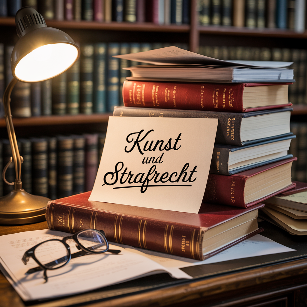 Die Atmosphäre schaffen - 6 1 Auf einem Schreibtisch befinden sich mehrere Bücher, eine Karte mit der Aufschrift „Kunst und Strafrecht“ und eine Brille. Eine Schreibtischlampe beleuchtet die Szene und verleiht ihr eine warme, gemütliche Atmosphäre.