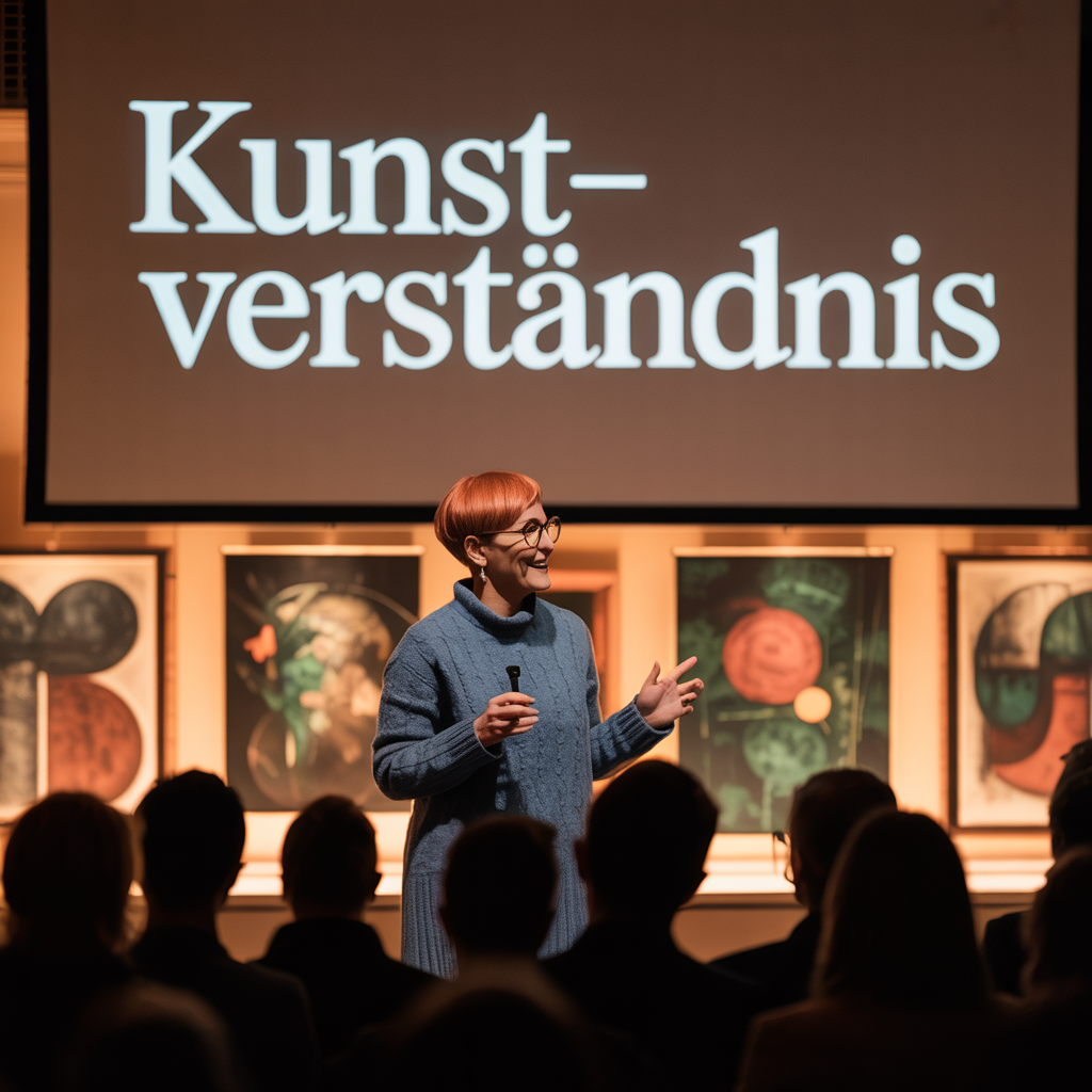 Die Atmosphäre schaffen - 6 2 Eine Frau mit kurzem, rotem Haar und Brille steht vor einem Publikum und hält einen Vortrag. Im Hintergrund befindet sich eine Leinwand mit der Aufschrift "Kunstverständnis". Hinter der Leinwand sind Kunstwerke zu sehen. Die Frau trägt einen blauen Strickpullover und hält ein Mikrofon in der Hand. Sie lächelt und gestikuliert während des Vortrags. Das Publikum sitzt im Dunkeln und hört aufmerksam zu.