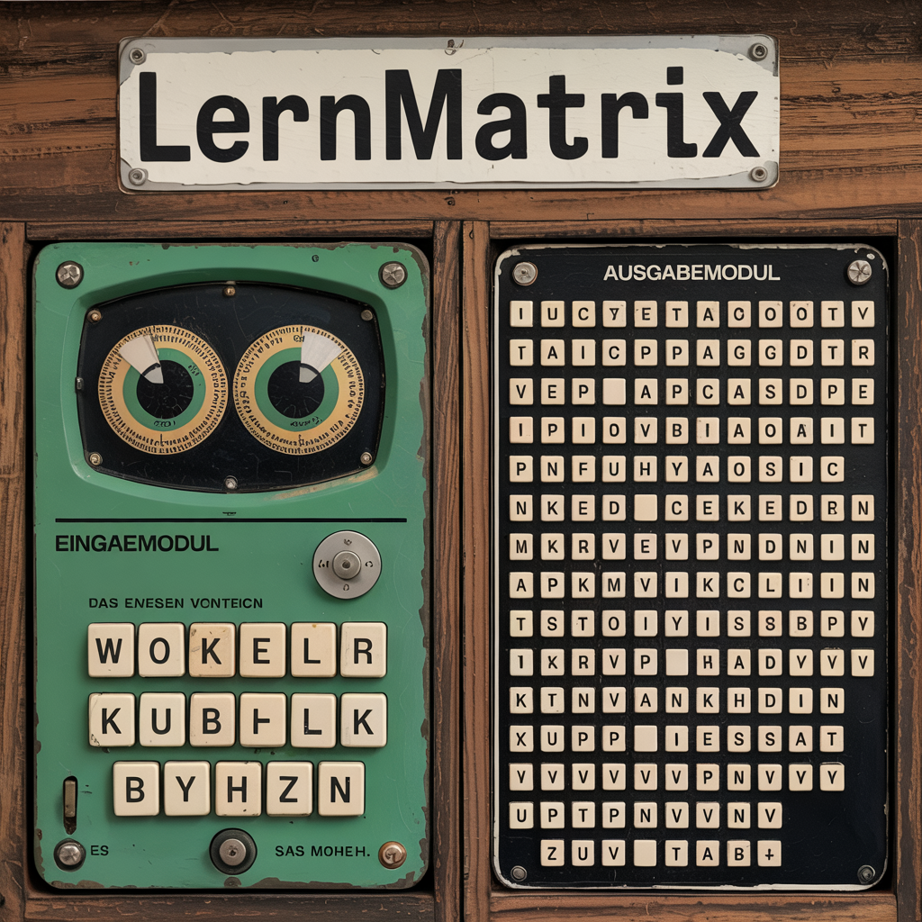 Das Bild zeigt eine alte, mechanische Maschine mit der Aufschrift „LernMatrix“