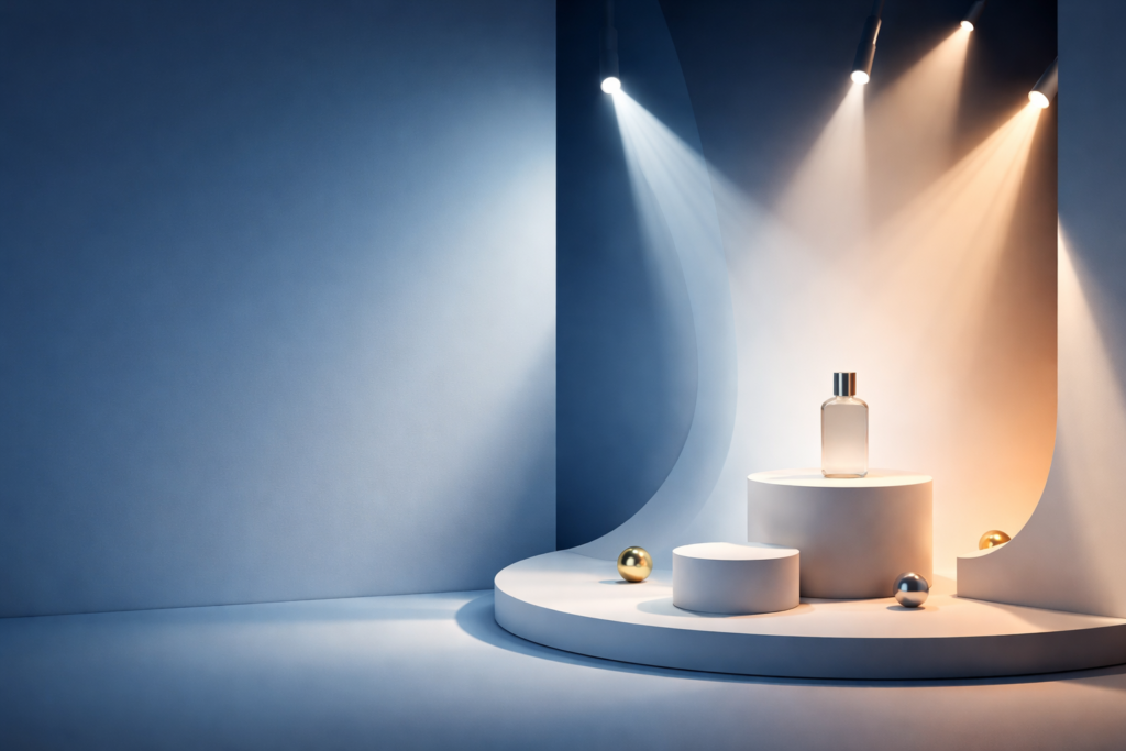 Hero-Banner zur Markenkommunikation mit ausgeleuchtetem Produktpodest, Spotlights und ruhiger blauer Bildfläche.