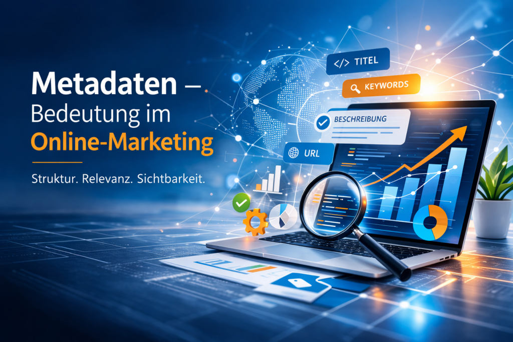 Hero-Banner zum Thema Metadaten im Online-Marketing mit großem Titel links sowie Laptop, Lupe, Diagrammen und Metadaten-Elementen wie Titel, Keywords, Beschreibung und URL auf der rechten Bildseite.