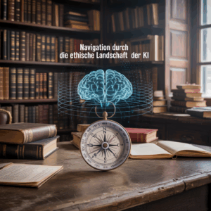 Aktuelles 41 Das Bild zeigt eine klassische Bibliotheksumgebung mit einem hölzernen Schreibtisch, auf dem viele Bücher liegen. Auf dem Tisch befindet sich ein alter Kompass, der Navigations- und Ethikaspekte von KI thematisch hervorhebt. Der Satz „Navigation durch die ethische Landschaft der KI“ spielt eine zentrale Rolle und betont die moralische Orientierung im Bereich der künstlichen Intelligenz.