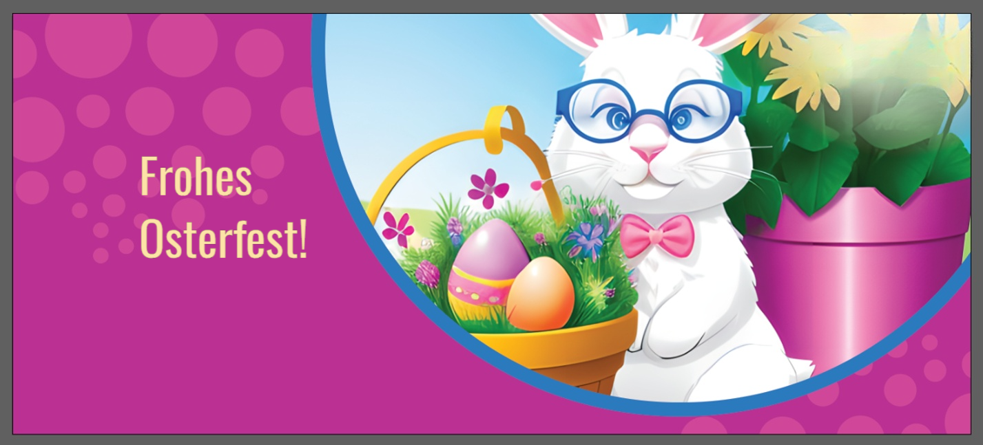 Dieses bunte Banner zeigt einen fröhlichen weißen Osterhasen mit blauer Brille und rosa Fliege. Er hält einen Korb mit bunten Ostereiern und Blumen. Im Hintergrund sind Frühlingsblumen zu sehen. Auf der linken Seite steht der Text „Frohes Osterfest!“ auf einem pinken Hintergrund mit runden Mustern. Das Banner vermittelt eine fröhliche und festliche Osterstimmung.