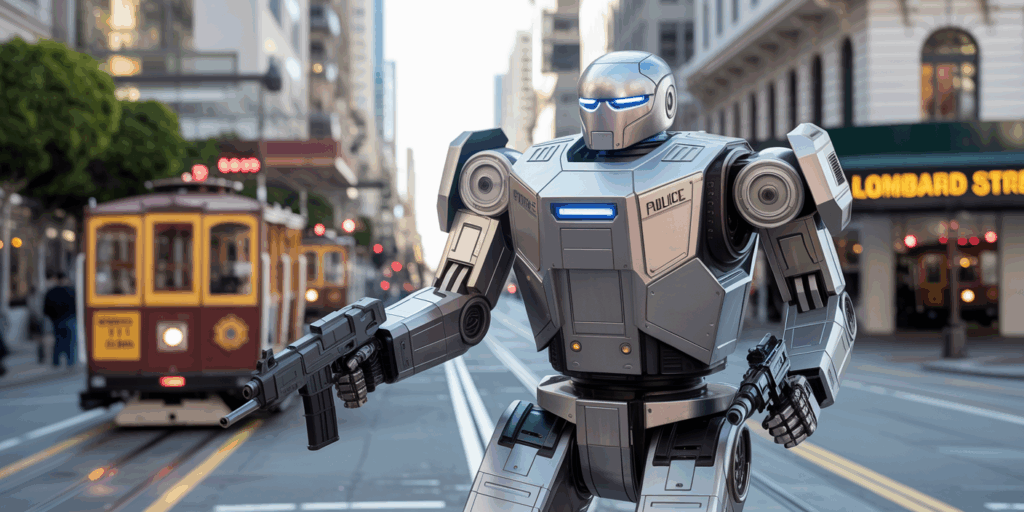 Ein Leuchtfeuer der Erkenntnis: 2 Ein futuristischer Roboter, der mit zwei Gewehren bewaffnet ist, marschiert durch die Straßen von San Francisco. Im Hintergrund ist eine berühmte Cable Car zu sehen und das Straßenschild "Lombard St".