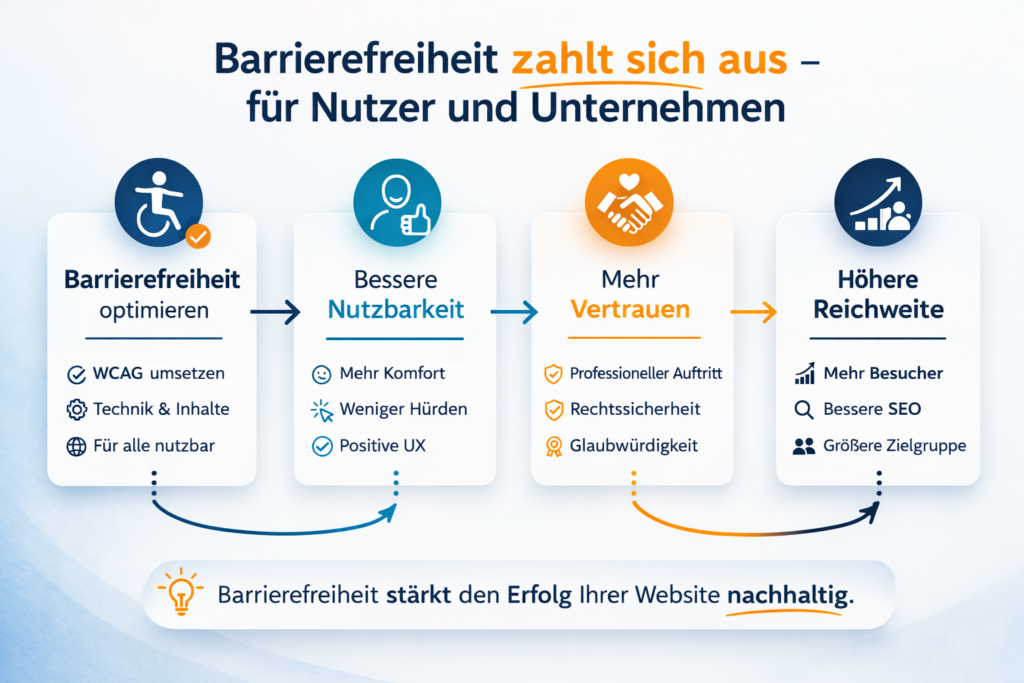 Prozessgrafik zur barrierefreien Website mit vier Stufen: Barrierefreiheit, bessere Nutzbarkeit, mehr Vertrauen und höhere Reichweite.