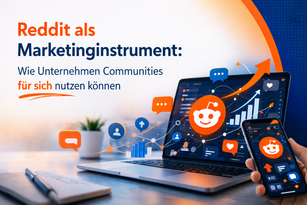Hero-Banner zu Reddit als Marketinginstrument mit Text links und digitaler Community- und Analyseillustration im rechten Halbkreis.
