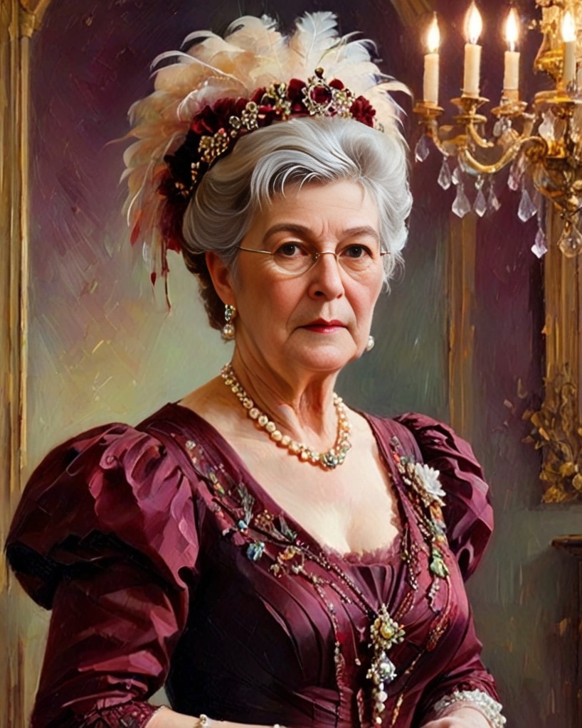 KI-Umwandlung des Porträts der Referentin iin den viktorianischen Stil: elegantes Kleid, Schmuck und Federkopfschmuck im Kerzenlicht.