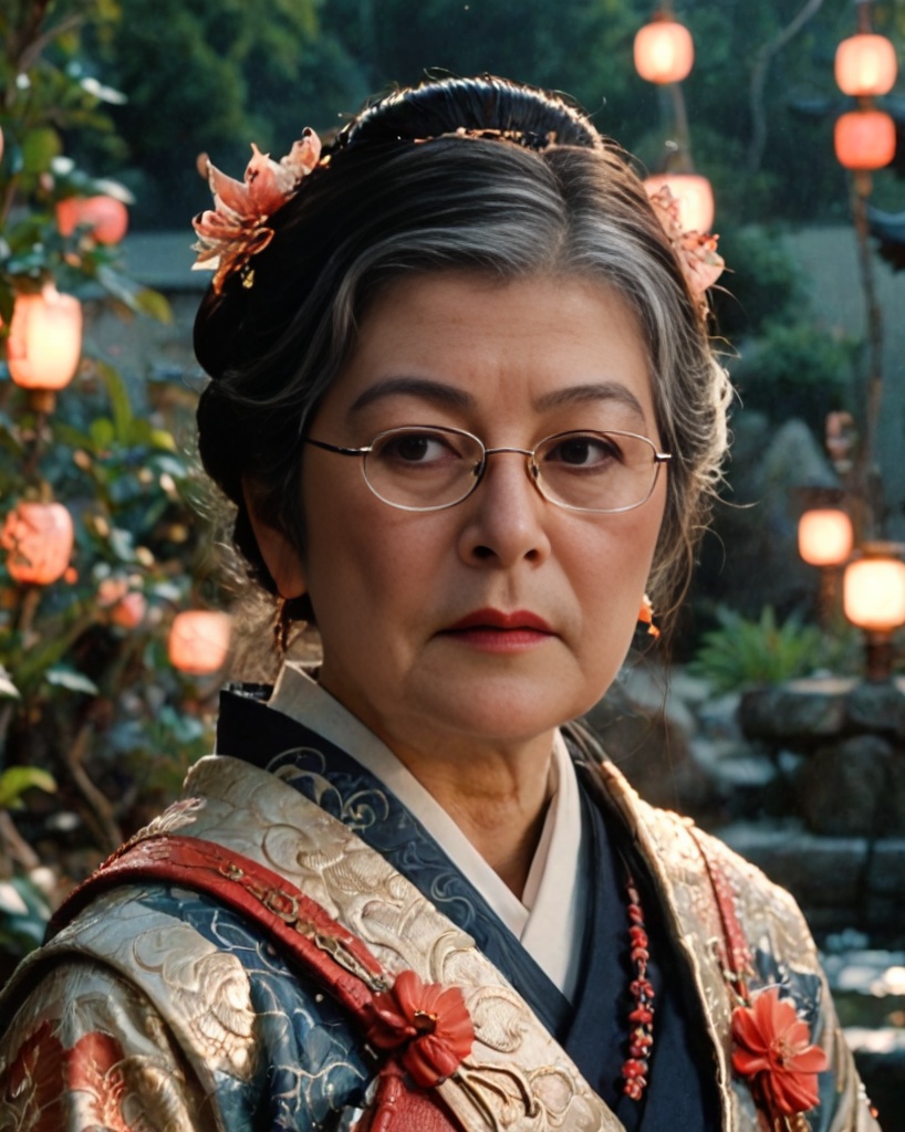 KI-Umwandlung des Porträts der Referentin: japanisch anmutendes Foto mit Kimono, Brille und Laternen im Garten.